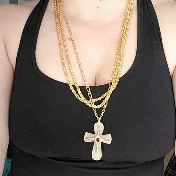 JBK Designer Signed Stone Cross Pendant on Long Ch - Picture 9 of 9